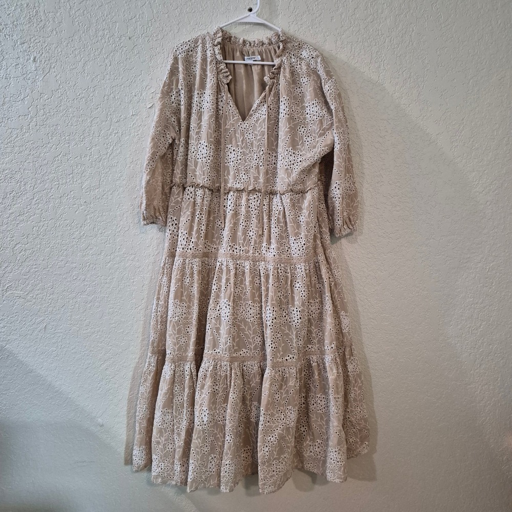 Chico's Dress Size3 US 16 Tan Eyelet Embroidered Tiered Midi Cotton Boho Cottage